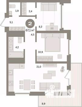 2-к квартира, вторичка, 67м2, 9/24 этаж