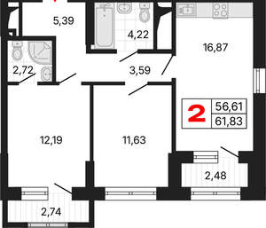 2-к квартира, вторичка, 62м2, 17/25 этаж