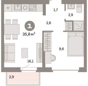 1-к квартира, вторичка, 36м2, 8/9 этаж