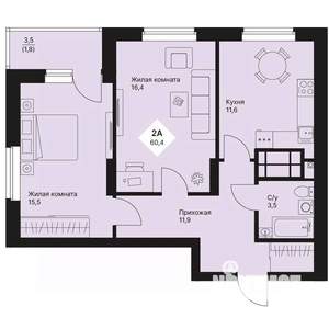 2-к квартира, вторичка, 60м2, 21/25 этаж