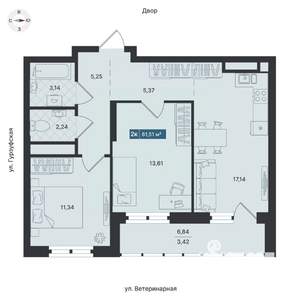 2-к квартира, строящийся дом, 62м2, 13/24 этаж