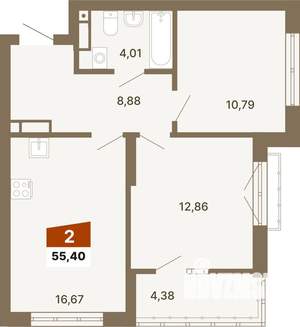2-к квартира, строящийся дом, 55м2, 6/23 этаж