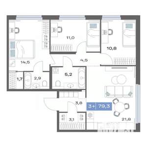 3-к квартира, строящийся дом, 79м2, 5/25 этаж
