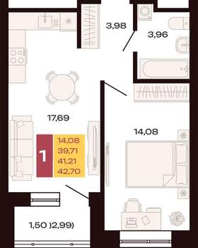 1-к квартира, вторичка, 43м2, 27/30 этаж