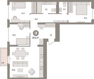 3-к квартира, вторичка, 87м2, 3/9 этаж