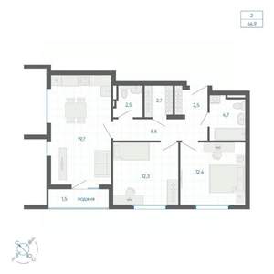 2-к квартира, строящийся дом, 65м2, 10/32 этаж