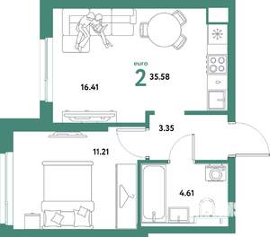 2-к квартира, строящийся дом, 36м2, 14/31 этаж