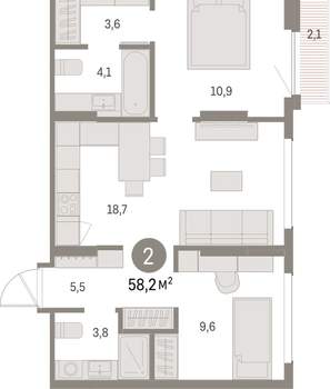 2-к квартира, вторичка, 58м2, 4/9 этаж