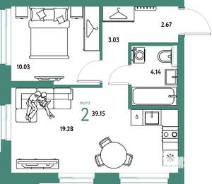 2-к квартира, строящийся дом, 39м2, 13/25 этаж