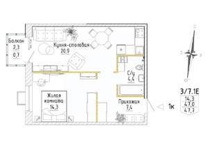 1-к квартира, строящийся дом, 48м2, 4/8 этаж