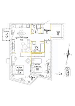 2-к квартира, строящийся дом, 72м2, 2/8 этаж