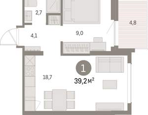 1-к квартира, вторичка, 39м2, 5/9 этаж