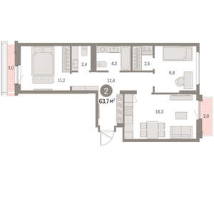 2-к квартира, вторичка, 64м2, 8/9 этаж