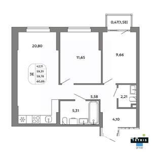 3-к квартира, вторичка, 60м2, 14/32 этаж