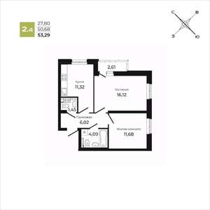 2-к квартира, строящийся дом, 53м2, 12/25 этаж