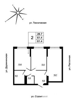 2-к квартира, строящийся дом, 61м2, 18/19 этаж