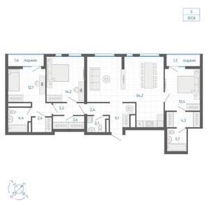 3-к квартира, строящийся дом, 108м2, 32/32 этаж