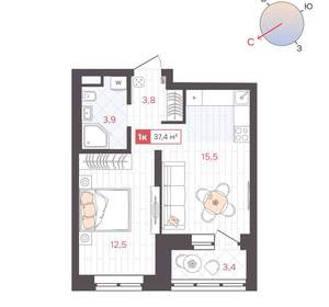 1-к квартира, вторичка, 37м2, 8/25 этаж