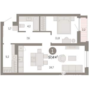 1-к квартира, вторичка, 57м2, 10/16 этаж