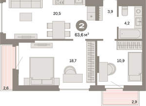 2-к квартира, вторичка, 64м2, 7/16 этаж