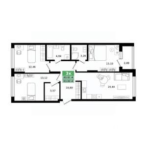 3-к квартира, строящийся дом, 84м2, 2/8 этаж