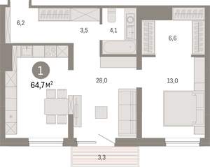 1-к квартира, вторичка, 65м2, 6/8 этаж