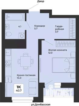 1-к квартира, строящийся дом, 41м2, 20/25 этаж