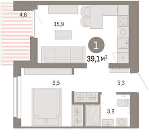1-к квартира, вторичка, 39м2, 9/9 этаж