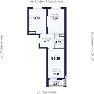 2-к квартира, вторичка, 56м2, 14/17 этаж
