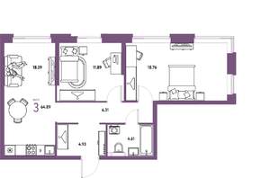 3-к квартира, строящийся дом, 65м2, 20/20 этаж