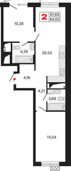 2-к квартира, вторичка, 64м2, 19/25 этаж