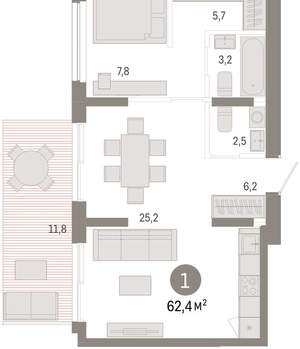 1-к квартира, вторичка, 60м2, 1/9 этаж