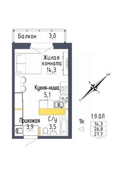 1-к квартира, строящийся дом, 28м2, 7/9 этаж