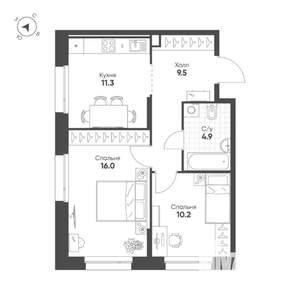 2-к квартира, строящийся дом, 52м2, 2/16 этаж
