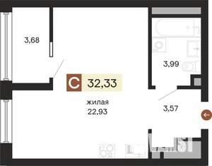 1-к квартира, строящийся дом, 33м2, 19/24 этаж