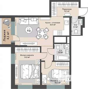 2-к квартира, строящийся дом, 65м2, 7/29 этаж