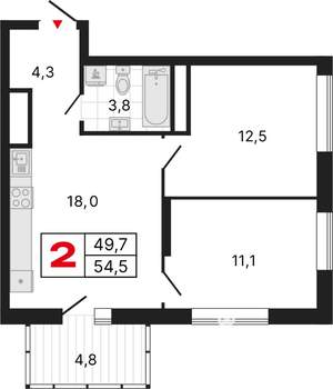 2-к квартира, строящийся дом, 55м2, 23/25 этаж