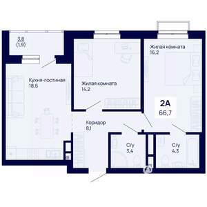 2-к квартира, вторичка, 67м2, 10/18 этаж