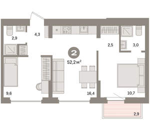 2-к квартира, вторичка, 52м2, 7/16 этаж