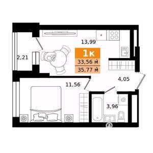 1-к квартира, строящийся дом, 36м2, 2/27 этаж