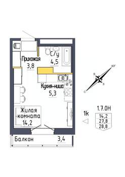 1-к квартира, строящийся дом, 29м2, 7/9 этаж