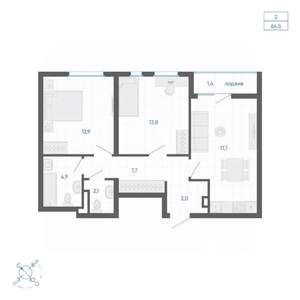 2-к квартира, вторичка, 65м2, 10/10 этаж