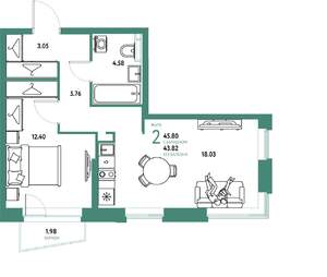 2-к квартира, вторичка, 46м2, 14/20 этаж