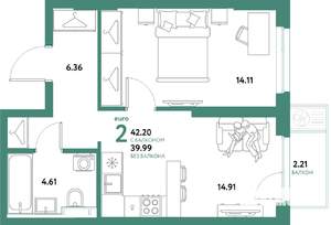2-к квартира, вторичка, 42м2, 3/21 этаж
