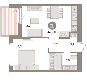1-к квартира, вторичка, 45м2, 13/16 этаж