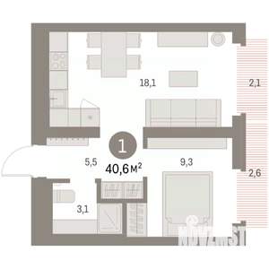 1-к квартира, вторичка, 42м2, 4/9 этаж