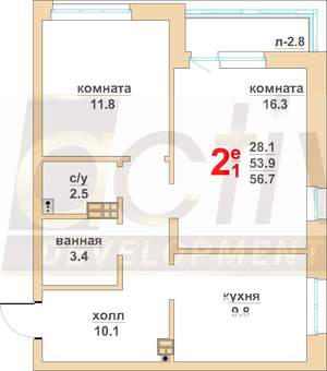 2-к квартира, вторичка, 57м2, 2/16 этаж