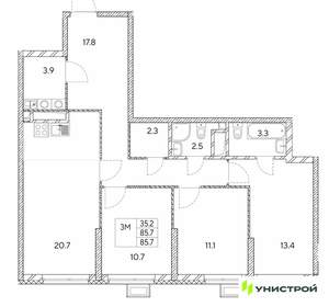 3-к квартира, вторичка, 86м2, 16/30 этаж
