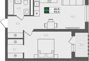 1-к квартира, вторичка, 49м2, 1/2 этаж