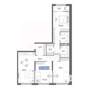 3-к квартира, строящийся дом, 93м2, 14/20 этаж